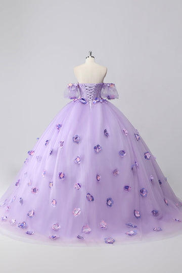 Glitrende lilla ballkjole fra skulderen puffermer tyll Quinceanera kjole med 3D-blomster